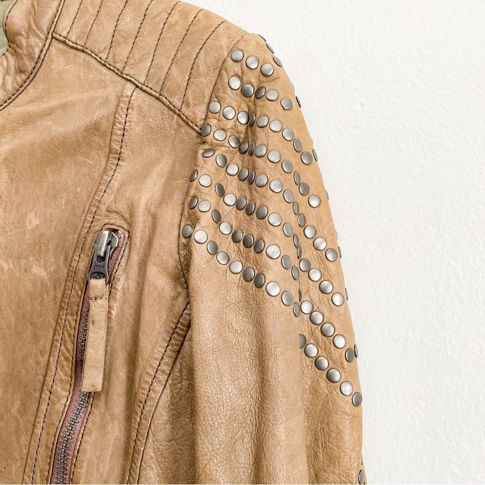 Women’s Leather Motorcycle Jacket Biker Studs Tan Zip Belt Collarless Western S - Picture 7 of 9